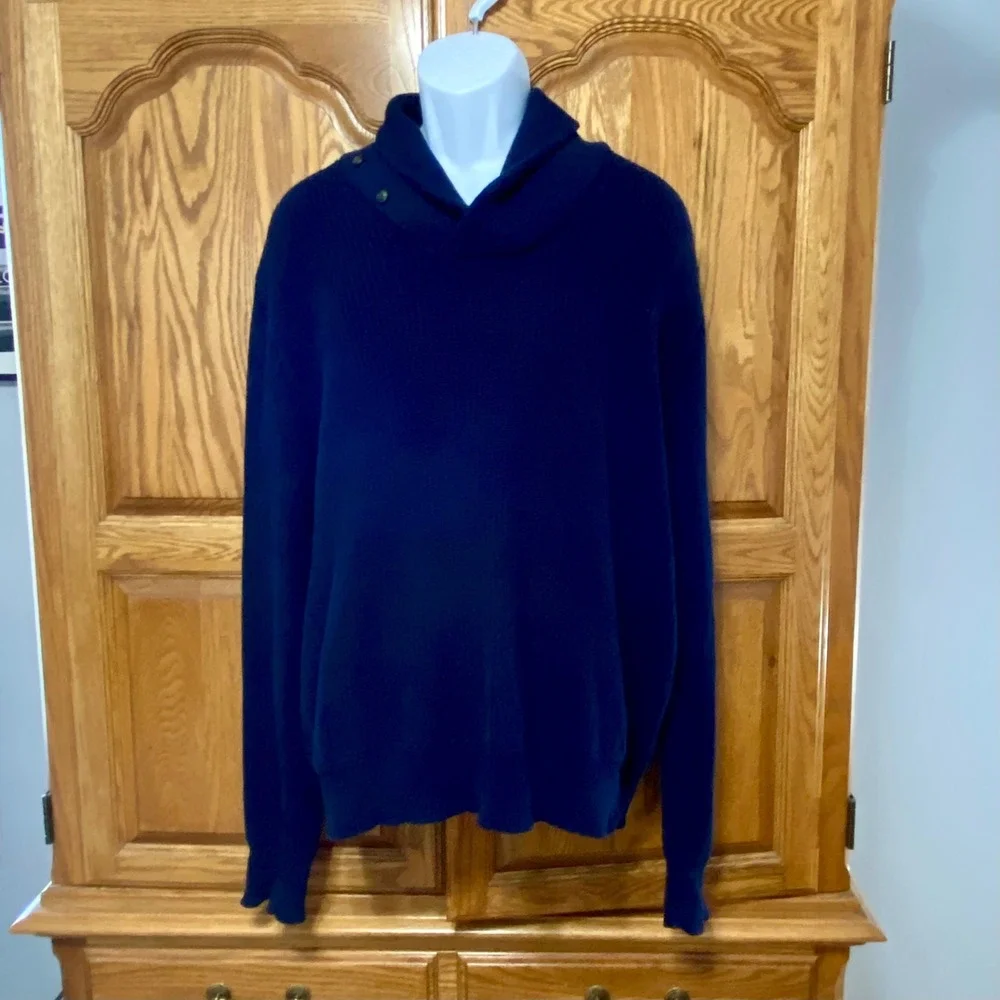 Polo Ralph Lauren Shawl Collar Sweater Mens L Blue Ribbed Knit Button Pullover